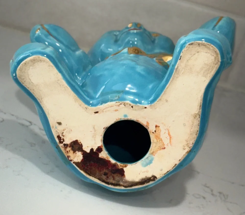 Vintage '40's Pearl China Turquoise Blue Ceramic Teddy Bear Piggy Bank Gold Bow